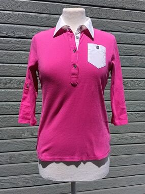 Lauren Ralph Lauren Hot Pink Polo-Style 3/4 Sleeve Top with White Collar